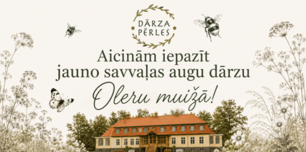 Oleru muižas skats ar pļavas ziediem un pasākuma nosaukumu